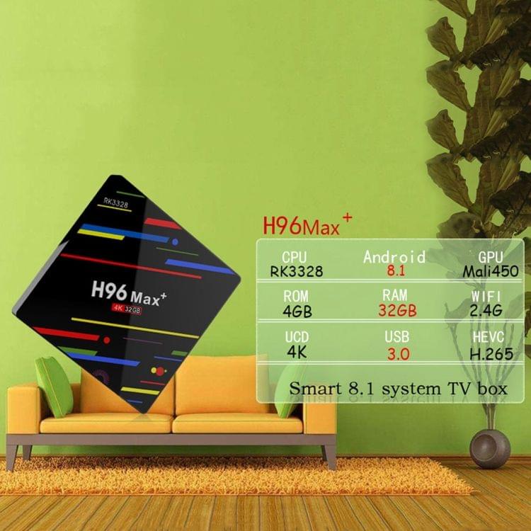 H96 Max+ 4K Ultra HD Full HD Media Player Smart TV BOX with Remote Controller, Android 8.1, RK3328 Quad-Core 64bit Cortex-A53, 4GB+32GB, Support TF Card, HDMI, LAN, USB 3.0, AV, WiFi H96 Max+ 4K Ultra HD Full HD Media Player Smart TV BOX with Remote Controller, Android 8.1, RK3328 Quad-Core 64bit Cortex-A53, 4GB+32GB, Support TF Card, HDMI, LAN, USB 3.0, AV, WiFi